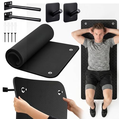 Briwooody Yoga Mat Wall Mount with Holes - color: Black, size: 56"x24"x5/8''
