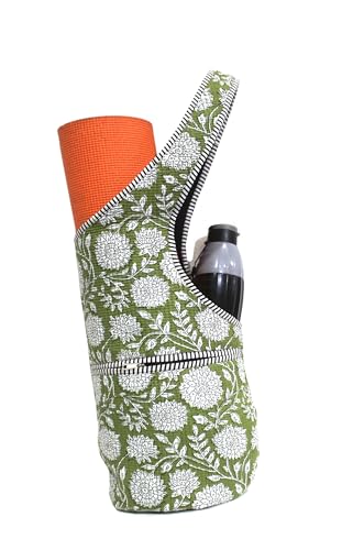 INDIAN CRAFT CASTLE Yoga Mat Bag | Tote Mat Bag | Sling Yoga Tote w/Large Side Pocket & Zipper Pocket | Yoga Mat Carrier Fits Most Size Mats - color: Green & White