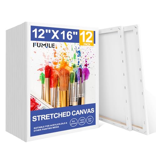 FUMILE 12x16 Canvas for Painting Stretched, 12 Pack Canvases for Painting-5/8 in Profile Primed White Blank Painting Canvas Value Pack for Oil & Acrylic Paint - size: 12x16 in