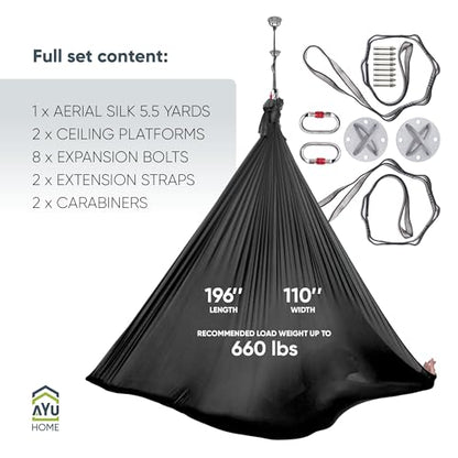 AyuHome Aerial Silks Yoga Swing Aerial Hammock Kit for Home - color: Aerial silk - Black