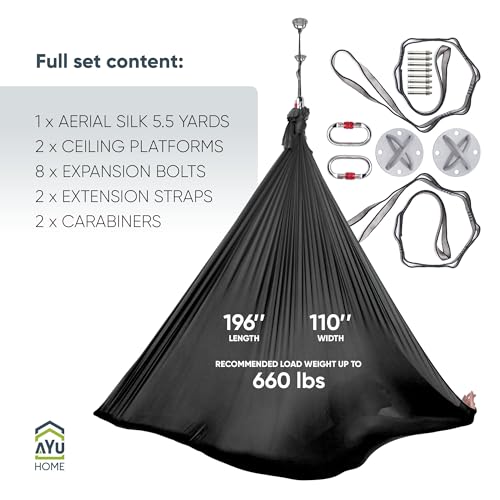 AyuHome Aerial Silks Yoga Swing Aerial Hammock Kit for Home - color: Aerial silk - Black