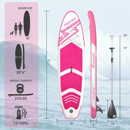 FBSPORT 11' Premium Stand Up Paddle Board, Yoga Board with SUP Accessories & Carry Bag | Wide Stance, Surf Control, Non-Slip Deck, Leash, Paddle and Pump for Youth & Adult - color: Pink
