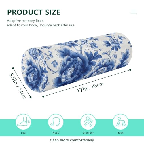 Blue and White Peony Flowers Butterfly Neck Roll Pillow Bolster Round Health Memory Foam Long Cervical Cylinder Pillows with Removable Washable Cover for Body Bed Legs Back Yoga - color: Blue and White Peony Flowers Leaf