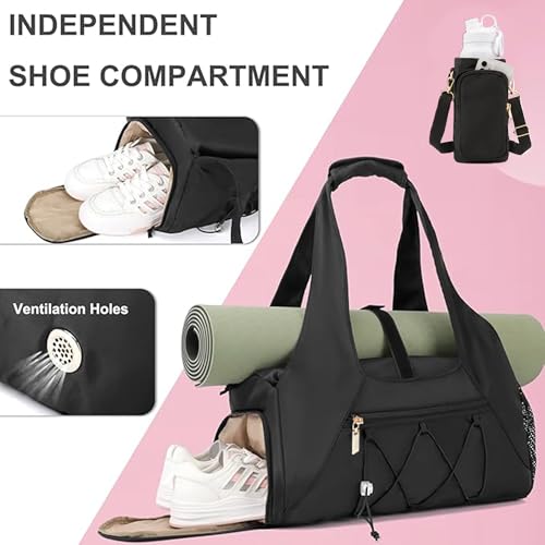 Gym Bag for Women, Yoga Mat Bag with Shoe Compartment and Wet Pocket, Sport Yoga Gym Bag with Yoga Strap, Carryall Yoga Tote Bag - color: Black