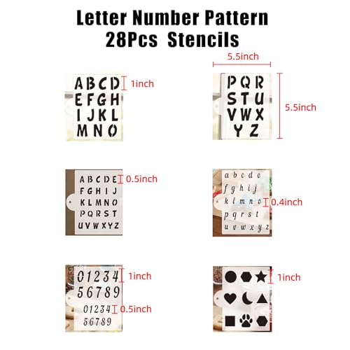 28PCS Alphabet Number Stencils for Baking, Reusable PET Letter Symbols Drawing Templates, DIY Decorating Stencils for Cookie, Wood, Canvas, Wall, Scrapbook, Journal, Gift Card (5.5x5.5Inch)
