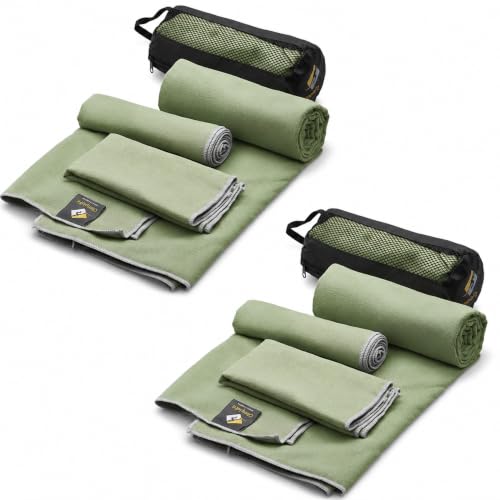 OlimpiaFit Quick Dry Towel - 3 Size Pack of Lightweight Microfiber Travel Towels w/Bag - Fast Drying Towel Set for Camping, Beach, Gym, Backpacking, Sports, Yoga & Swim Use - color: Khaki (3 Size Set, 2-pack)
