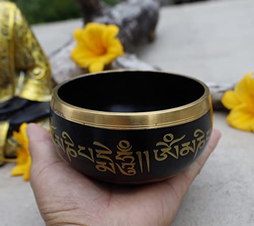 DharmaObjects Tibetan Meditation Om Mani Padme Hum Peace Singing Bowl With Mallet - color: Black, size: Small
