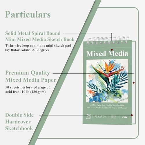 Fuxi Small Mixed Media Sketchbook, 2-Pack - 5.5" x 8.5" | 110lb/180gsm Mixed Media Paper for Watercolor, Acrylic, Ink, Pencil, 50 Sheets Per Pad. - color: Mint Green