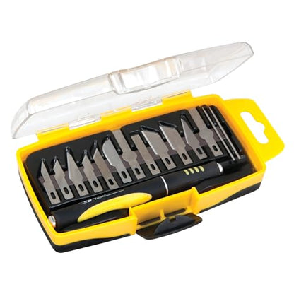 Performance Tool W9170 15-Piece Precision Hobby Knife Set | Includes 14 blades for various projects. Comfortable contoured handle. Convenient storage case - size: Hobby Knife Set (15pc)