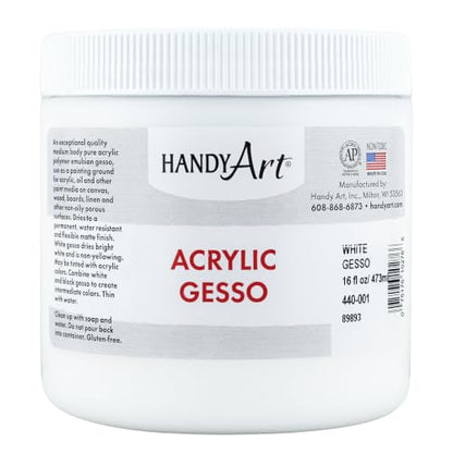 Handy Art Acrylic Gesso, 16 oz, White, Primer for Canvas, Wood, & Artist Painting Surfaces, Enhances Acrylic Paint Adhesion, Low Viscosity, Thick Coverage, Certified Safe & AP Non-Toxic, Made in USA - color: White Gesso, size: 16 Fl Oz (Pack of 1)