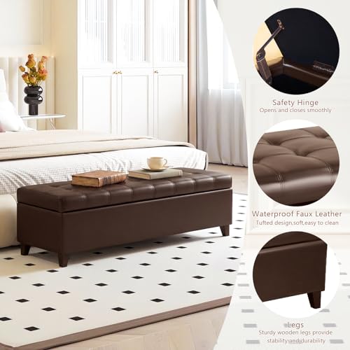 Joveco 51 Inch Storage Bench,Leather Tufted Storage Ottoman with Legs - color: 51", Brown