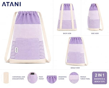 ATANI Turkish Beach Towel, Converts to a Bag, Oversized 100% Cotton Bath Towels Lightweight Quick-Dry Beach Blanket for Travel, Picnic, Camping, Yoga and Pool (Lavender, 71 inc x 39 inc) - color: Lavender, size: 71 inc x 39 inc