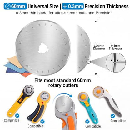 Wamlente 20 Pack 60mm Rotary Cutter Blades, Titanium Coated Steel,Silver | Fits Most Cutters for Quilting Sewing Crafts, Cuts Fabric Leather Vinyl Felt, Titanium Coating, Includes 2 Protective Cases - color: Silver
