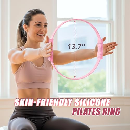 ALongSong Pilates Kit for Women, 13.7in Silicone Pilates Ring with 5 Resistance Bands, 1 Pilates Ball, 1 Pilates Block, 2 Core Sliders, Video Guide for Full Body Home Workouts