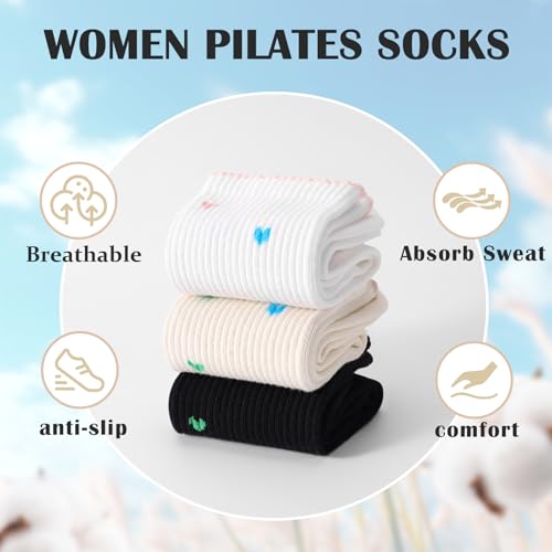 Women's Pilates Grip Socks, Ruffle Non Slip Bow Pattern Yoga Socks | Grippy, Frilly Trim, Embroidery, Crew Length, Soft Cotton, Arch Support, for Barre Ballet Dance Workout Hospital Home Gifts - color: D01-white + Black