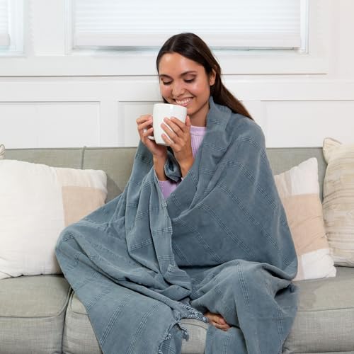 InfuseZen Large Stonewashed Organic Cotton Turkish Throw Blanket - Denim - color: Extra Large Denim (92" X 69")