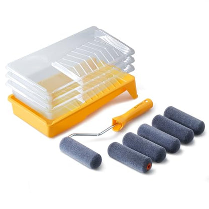 Voomey Foam Paint Roller, 4 Inch Mini Flock Foam Cover Kit | Small Paint Rollers with Tray and Roller Frame for Doors, Trims & Cupboards - size: 4 Inch Mini Flock Foam Paint Roller Kit 11 Pack