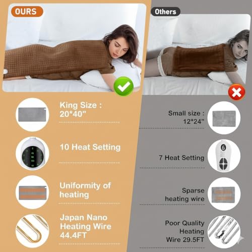 Full Back Heating Pad,20x40 Extra Large Heating Pad for Back Pain Relief,with 10 Temperature Controllers & 3 Auto-Off Timers,Dry/Moist Heat Therapy for Muscle,Joint,Menstrual Cramps (Brown) - size: 20x40 Inch Brown
