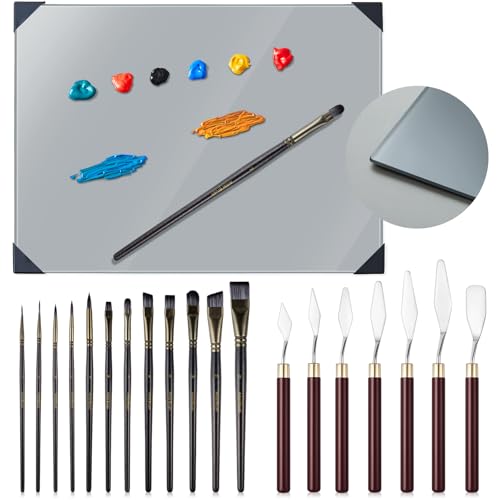 Nuanchu 20 Pcs Artist Painting Set with 16 x 12 Inches Neutral Grey Tempered Glass Palette, 12 Pcs Watercolor Brushes, Palette Knife for Oil Painting Artist Beginner DIY Color Mixing Supplies
