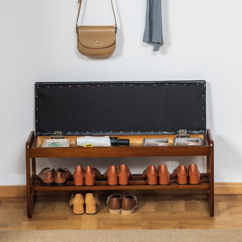 SOBIBO Solid Wood Shoe Rack Bench with Flip-Top Storage, Black, 39.4" | Mid-Century Modern, Flip-top Hidden Storage, Faux Leather Cushion, 600lb Capacity, Ideal for Entryway, Hallway, Bedroom - color: Black(flip‑top), size: 39.4 inches