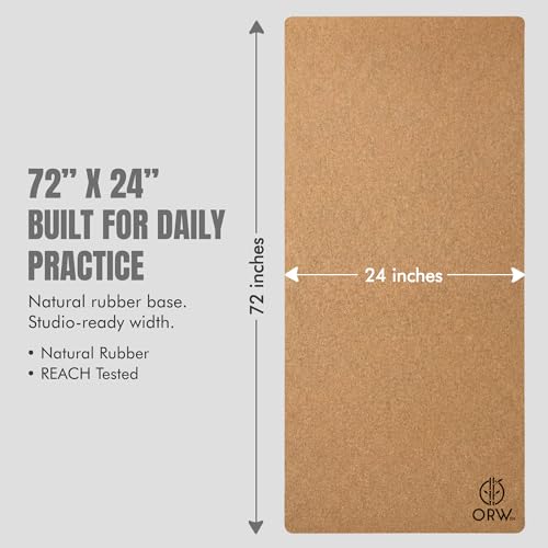 ORW Cork Yoga Mat, Non Slip Natural Rubber, Hot Yoga & Workout, 72”x24”