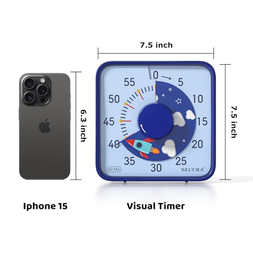 Secura 7.5-Inch Rocket Pattern Visual Timer for Kids, 60-Minute Countdown Timer for Classroom or Kitchen, Durable Mechanical Timer Clock with Magnetic Backing (Blue) - color: Dark Blue