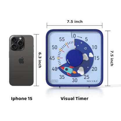Secura 7.5-Inch Rocket Pattern Visual Timer for Kids, 60-Minute Countdown Timer for Classroom or Kitchen, Durable Mechanical Timer Clock with Magnetic Backing (Blue) - color: Dark Blue