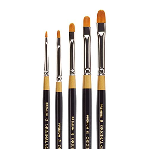 KINGART Premium 5 pc. Original Gold 9510 Series Short Filbert Artist Brush Set, Synthetic Golden Taklon Hair for Acrylic, Oil, Watercolor and Gouache Paint, Short Handle, 5 Sizes: 0, 2, 4, 6, 8