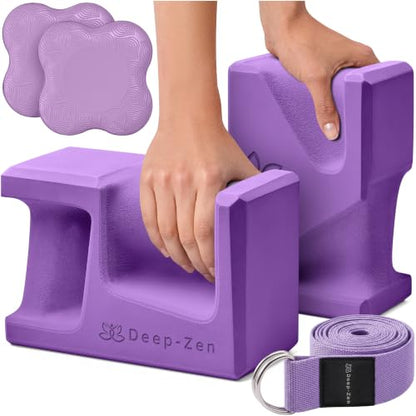 PRO Yoga Blocks | Ergonomic Yoga Block 2 Pack for Wrist Comfort and Support | EVA Foam Exercise Blocks, 2x Knee Pads & Yoga Strap | Pilates Block Set | Bricks to Eliminate Wrist Pain - color: Purple