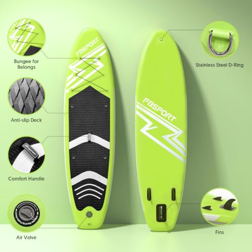 FBSPORT 11' Premium Stand Up Paddle Board, Yoga Board with SUP Accessories & Carry Bag | Wide Stance, Surf Control, Non-Slip Deck, Leash, Paddle and Pump for Youth & Adult - color: Fruit Green