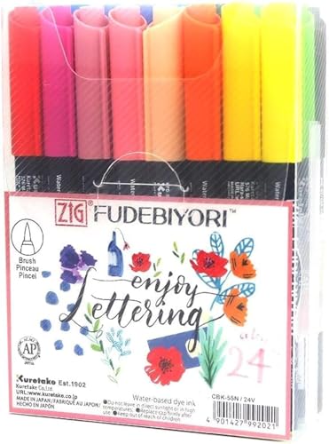 Kuretake ZIG FUDEBIYORI Brush Pens 24 Colors set, AP-Certified, Odourless, Xylene free, Flexible Hard brush tip, Effective for both details and larger spaces, Professional quality, Made in Japan - style: 24 Colors Set