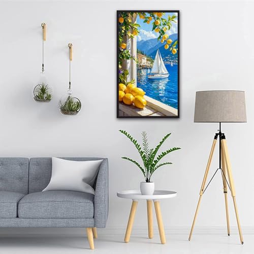 ARTGOTO Large Paint by Numbers for Adults Lake Como Italy | 15.7x27.5inch/40x70cm Paint by Number Kit on Canvas, Lemon Tree Sailboat Landscape Acrylic Painting Set, No Frame - color: PBN061