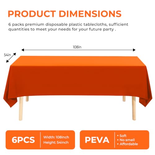 6 Pack Premium Disposable Plastic Tablecloth 54" x 108" Party Table Cloths Disposable for 6 to 8 Foot Tables Indoor or Outdoor Birthdays Weddings Christmas Anniversary Buffet Table (Orange) - color: Orange