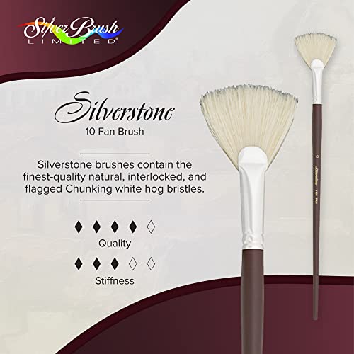 Silver Brush Limited Silverstone Fan Oil Paintbrush, Size 10, Long Handle | Stiff Flagged Hog Bristle, Superb Paint Absorbency, Lightly Textured Strokes, Smoothing, Blending, Lifting, Softening Colors - size: Size 10