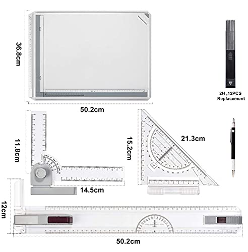 Metric A3 Drawing Board Drafting Table Multifunctional Drawing Board Table with Clear Rule Parallel Motion and Angle Adjustable Measuring System - size: Metric