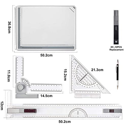 Metric A3 Drawing Board Drafting Table Multifunctional Drawing Board Table with Clear Rule Parallel Motion and Angle Adjustable Measuring System - size: Metric
