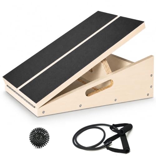 MUCITAGF Professional Slant Board, Calf Stretch Board for Physical Therapy | Wooden Adjustable Incline Board with Resistance Tube & Massage Ball for Stretching, Squats, Mobility, Rehab and Home Gym - size: Slant Board with Kit (16”L × 12.5”W)