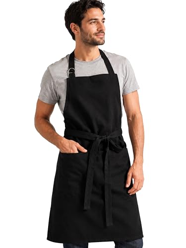 100% Cotton Kitchen Apron with 2 Pockets – Adjustable Chef Apron for Cooking Baking BBQ – Unisex Apron - color: Jet Black