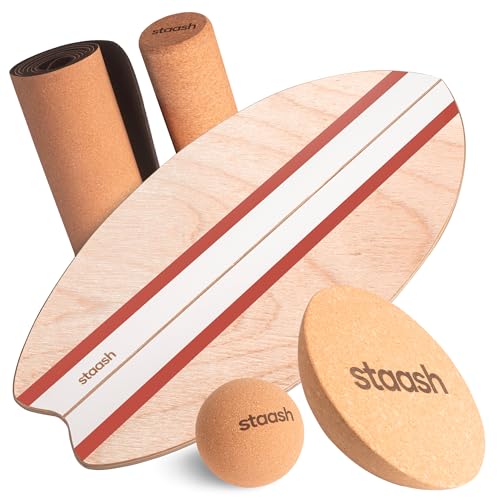 STAASH® Balance Board Full Kit – Premium Birch Wood Trainer with Cork Roller, Balance Disc, Massage Ball & Anti-Slip Mat – Core Strength, Surf, Snowboard & Rehab Training – All-In-One Set - color: Sedona