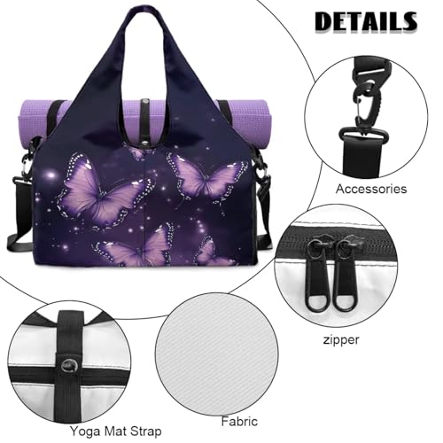Gym Bag with Yoga Mat Holder Large Tote Bag With Multi Pockets for Women Men Dry Wet Separated Pocket Carryall Yoga Tote Bag for Pilates Travel Workout Office - color: Butterfly purple