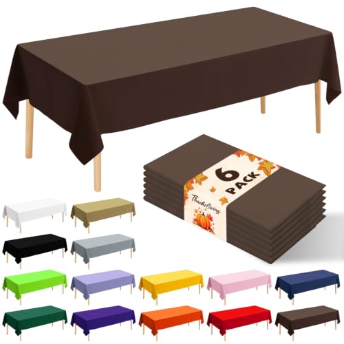 6 Pack Premium Disposable Plastic Tablecloth 54" x 108" Party Table Cloths Disposable for 6 to 8 Foot Tables Indoor or Outdoor Birthdays Weddings Christmas Anniversary Buffet Table (Brown) - color: Brown