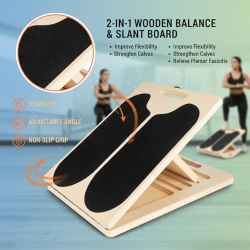 Slant Board for Calf Stretching,Balance Board,Adjustable Calf Stretcher,400 lbs Cap,Wooden Slant Board Anti-Slip Incline Board, Ankle Support,Incl.2 Resistance Bands,Instruction Card & Sand Paper.
