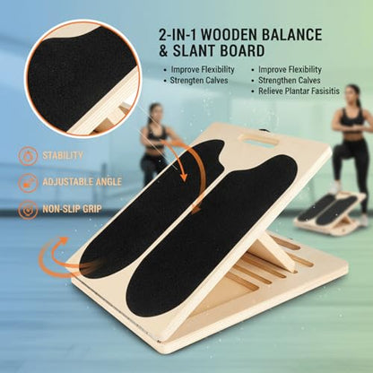 Slant Board for Calf Stretching,Balance Board,Adjustable Calf Stretcher,400 lbs Cap,Wooden Slant Board Anti-Slip Incline Board, Ankle Support,Incl.2 Resistance Bands,Instruction Card & Sand Paper.