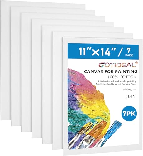 GOTIDEAL Canvases for Painting, 11x14 inch of 7 Pack, 100% Cotton | Professional Primed White Blank Flat Canvas Panels, Artist Canvas Boards for Acrylics Painting, Oil Watercolor Tempera - size: 11"x14"