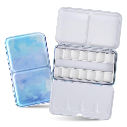 Blue Metal Watercolor Tin Palette - Empty w/ Paint Tray & 14 Half Pans - Robust & Functional - Perfect for Plein Air & Studio Painting - style: Far Mountain