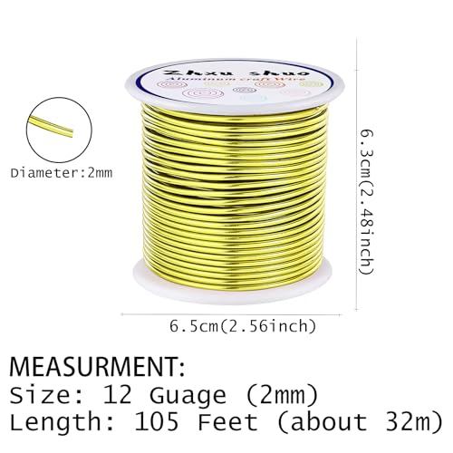 12 Gauge(2mm) Aluminum Wire 35 Yards Anodized Metal Wire for Bonsai Armature Crafting Sculpting Jewelry Craft Making Beading Floral (Yellow, 12 Gauge) - color: Yellow