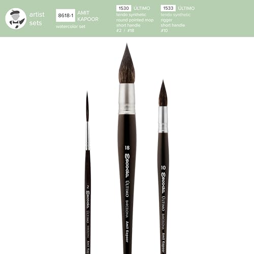 Escoda | Watercolour | Artist Set Amit Kapoor | Size 2,10,18 | 3 Brushes | Synthetic Tendo | Round mop + Rigger - color: Black, size: Artist Set