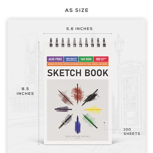 BEECHMORE BOOKS 5.6"x8.5" Spiral Sketchbook – 140 GSM Acid-Free Paper, 100 Perforated Pages, A5 Art Sketch Pad for Drawing & Sketching, Artists, Adults (Pack of 2) - size: A5 (5.6" x 8.5") (Pack of 2)