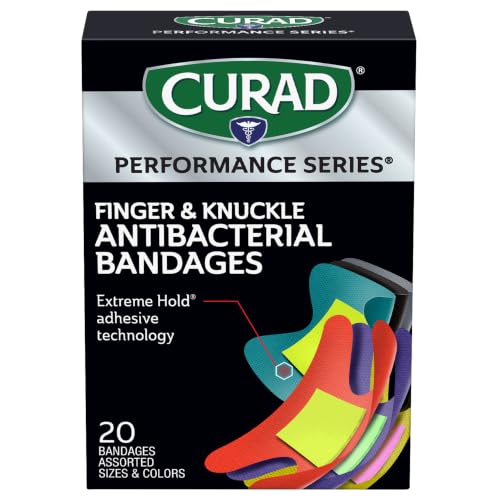 CURAD Performance Series Antibacterial Bandages, Extreme Hold Adhesive Technology, Finger & Knuckle Bandages, Flexible Fabric, Variety Pack with Assorted Sizes & Colors, ( Pack of 3) - size: 20 Count (Pack of 3)