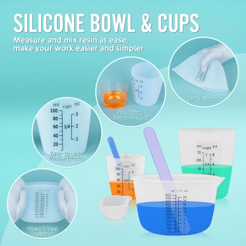 Silicone Resin Mixing Measuring Cups for Resin Supplies, Easy-to-Read Marks, 600ml/20oz Bowl, 250&100ml Thickened Reusable Silicone Cups for Epoxy Mixing, with Stir Sticks, Jewelry Making - size: 600+250+4*100ml (Black Marks)